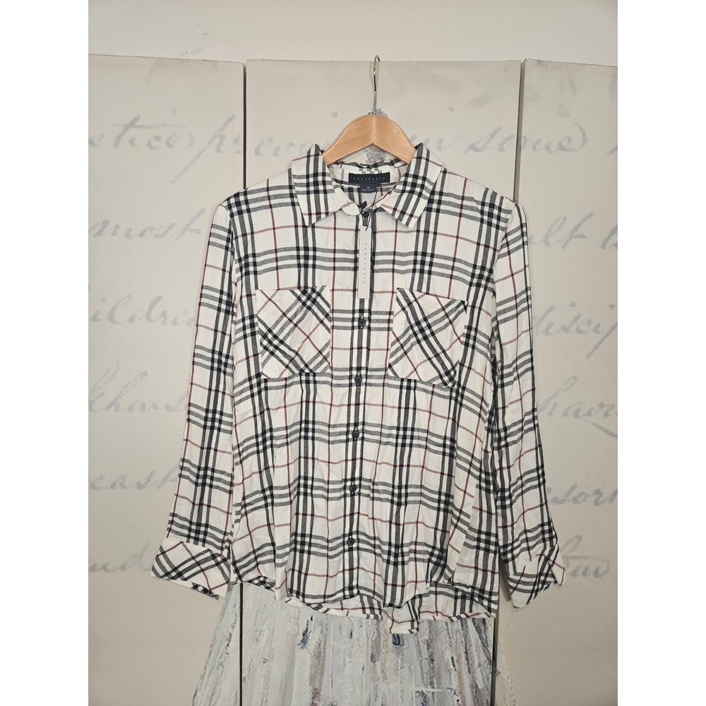 Sanctuary Womens XS Plaid Button Front Shirt White Black Red Rayon NEW